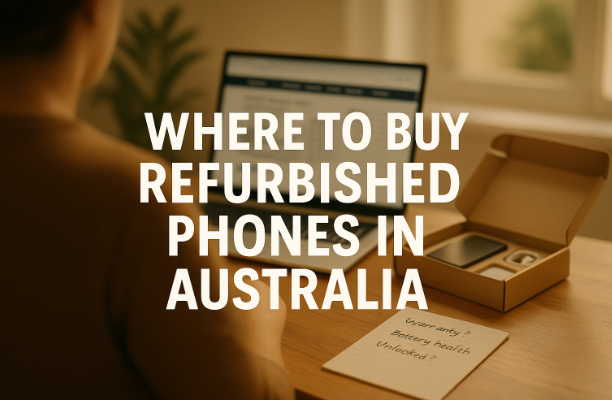 Where to Buy Refurbished Phones in Australia Person researching refurbished phones on a laptop at home, with an opened phone box and handwritten notes on warranty and battery health.